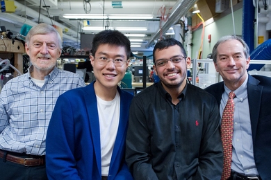 An MIT team performing fundamental studies of systems for cooling and dehumidifying indoor spaces includes (l-r): Professor Leslie Norford, graduate students Tianyi Chen and Omar Labban, and Professor John Lienhard. Chen and Labban began the work when they teamed up for an assignment in an advanced energy conversion class taught by Professor Ahmed Ghoniem (not pictured).