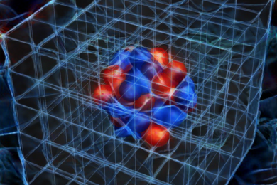 The image is an artist’s visualization of a nucleus as studied in numerical simulations, created using DeepArt neural network visualization software.