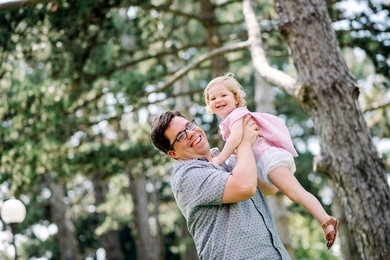Economics PhD student Ryan Hill, shown with daughter Norah, studies the role of risk in science. “There are a lot of projects that fail,” he notes. “And that’s a fundamental part of innovation.”
