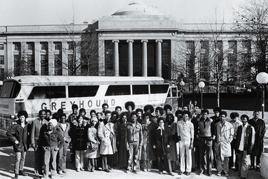 BSU members began helping recruit black students in 1968. In 1972, assistant director of admissions John A. Mims and two MIT student guides (left) welcomed students visiting from 23 high schools.