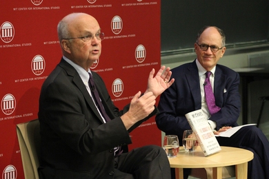 General Michael Hayden took questions from the audience and from Joel Brenner (right), who was a former senior counsel at the NSA and head of US counterintelligence under the director of National Intelligence. Brenner is a research affiliate of the MIT Center for International Studies and CSAIL’s Internet Policy Research Initiative.