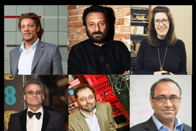 Guests speakers at a recent MIT Open Learning AR/VR Symposium were: (clockwise from top left) MIT Professor Fox Harrell; director Shekhar Kapur; Berklee College of Music professor Susan Rogers; sound designer Mark Mangini; Princeton University Professor Edgar Choueiri; and MIT Vice President for Open Learning Sanjay Sarma.