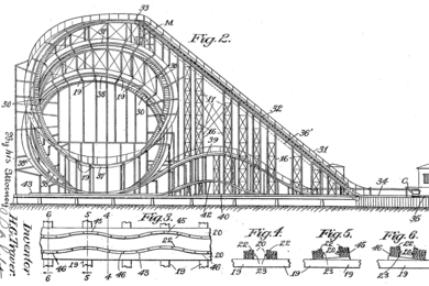 The Prior Art Archive is an MIT-hosted database open to both patent examiners and the wider public. Here, drawings from Harry Traver's cyclone roller coaster patent show its intricate structure.