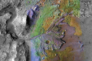 On ancient Mars, water carved channels and transported sediments to form fans and deltas within lake basins. Examination of spectral data acquired from orbit show that some of these sediments have minerals that indicate chemical alteration by water. In the Jezero Crater delta, sediments contain clays and carbonates. (This image combines information from two instruments on NASA's Mars Reconnaissanc...