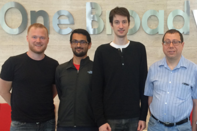 Three co-creators of the MIT-incubated Julia programming language, (l-r) Stefan Karpinski, Viral Shah, and Jeff Bezanson, will receive the 2019 James H. Wilkinson Prize for Numerical Software. MIT Julia Lab Leader and Professor Alan Edelman is pictured at right.