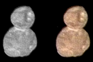 The first color image of Ultima Thule, taken at a distance of 85,000 miles (137,000 kilometers) at 4:08 Universal Time on Jan. 1, 2019, highlights its reddish surface. The left image was taken by the Long-Range Reconnaissance Imager. At right, color has been overlaid onto the LORRI image.