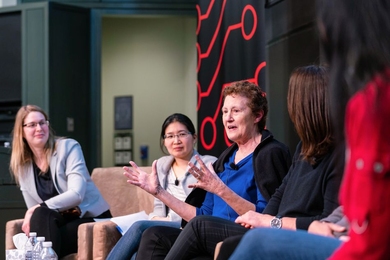 Institute Professor Barbara Liskov (right) was one of the academic and industry leaders who participated in Tuesday’s “Perspectives from Luminaries” panel, part of the celebration of the new MIT Stephen A. Schwarzman College of Computing. Professors Stefanie Mueller (left) and Vivienne Sze (center) moderated the panel.