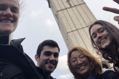 MIT spring exchange students gather by Imperial College London's iconic Queen's Tower: (l-r) Lily Bailey, Michael Hiebert, Dain Kim, Sara Wilson.