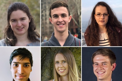 Students participating in the Undergraduate Research Opportunities Program include: (clockwise from top left) Veronica Boyce, Nicholas Bonaker, Alexandra Dima, Neeraj Prasad, Elizabeth Weeks, and Alexander Denmark.