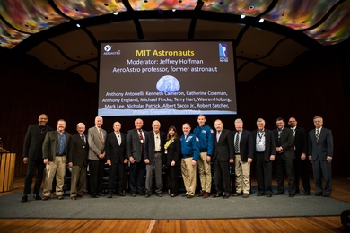 The Apollo astronauts and engineers were joined onstage by some of MIT’s astronaut alumni, including two active astronauts, Mike Fincke and Warren Hoburg (in blue jackets).