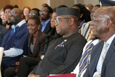 Sierra Leone President Julius Maada Bio, center, spoke during the Sierra Leone delegation visit on March 7, 2019 at MIT.