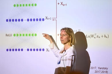 MIT associate professor of electrical engineering and computer science Stefanie Jegelka, an IDSS affiliate, gives a talk at the 2019 Women in Data Science (WiDS) Cambridge conference entitled, "What Can Neural Networks Represent?"