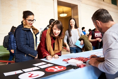 On March 14, Pi Day events such as this one in Lobby 10 were held across campus and hosted by alumni clubs around the world. The Pi-themed activities also helped to spread the buzz about the MIT 24-Hour Challenge. 