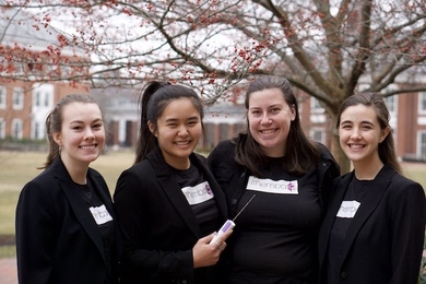 Left to Right: Laura Hinson, Madeline Lee, Valerie Zawicki, and Sophia Triantis of Johns Hopkins University are the $10,000 Lemelson-MIT “Cure it!” undergraduate team winner for their reusable, low-cost, contamination free breast biopsy device.