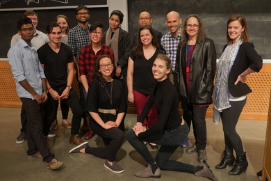 2019 Science Slam participants, hosts, and judges (left to right): Jay Thangappan, Tyler Smith, Darren Parker, Rebecca Silberman, Arish Shah, Sophia Xu, Monika Avello, Jasmin Imran Alsous, John Pham, Lindsey Backman, Emma Kowal, Ari Daniel, Vivian Siegel, and Mary Carmichael.