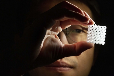 Seok Kim, a postdoc in Professor Nicholas Fang’s lab, holds up a 3-D-printed porous substrate that could be used as a catalytic reactor to remove toxic gases in cars and power plants. 