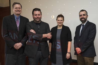 Rob Spectre and Jennifer Dolle (center left and right) of the Human Trafficking Response Unit join Joseph Campbell (left) and Charlie Dagli (right) at MIT Lincoln Laboratory to present how data analytical tools are aiding investigations. 