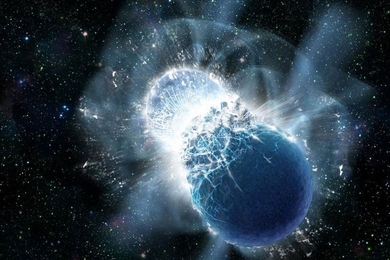 An artist’s illustration of two colliding neutron stars.