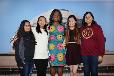 Jessica Quaye (center) with friends after receiving the Albert G. Hill Prize and Laya W. Wiesner Award at the 2019 Awards Convocation.