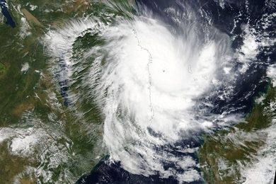 A satellite image shows Cyclone Kenneth approaching Mozambique on April 25, 2019.