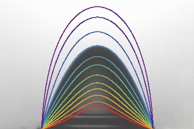 Electrified water droplets take on a variety of distorted shapes just before bursting, based on the strength of the electric field. The profiles of different distorted droplet shapes are shown, overlaid on an image of one particular distorted droplet for comparison.