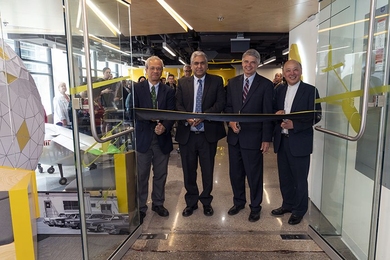 Left to right: Professor Daniel Hastings, Aeronautics and Astronautics department head; Professor Anantha Chandrakasan, dean of the School of Engineering; Eric Evans, director of Lincoln Laboratory; and Robert Shin, head of the Intelligence, Surveillance, and Reconnaissance and Tactical Systems Division at Lincoln Laboratory, cut the ribbon at the unveiling of the new Beaver Works space in MIT’s...