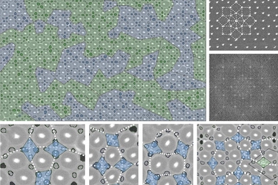 Scanning electron microscope images of the crystal structure of the block copolymer material, illustrating their unusual quasicrystal symmetries. Regions with different symmetry properties are highlighted in different colors, and examples of the different patterns, which resemble some ancient tiling patterns, are shown in the accompanying diagrams.