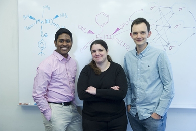 Assistant Professor Heather Kulik (center) and graduate student Jon Paul Janet (right) are using neural networks coupled with genetic algorithms to examine huge databases of transition metal compounds for potential use in practical devices. Using the same technique, graduate student Aditya Nandy (left) is designing better catalysts for methane conversion reactions.