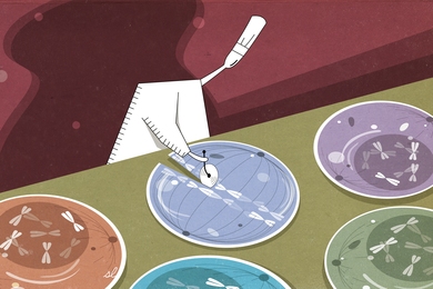Illustration of scientist cutting a cell in half with a pizza cutter.