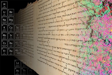 High-resolution mapping of the distribution of elements in a sample from the 2,000-year-old Temple Scroll, as shown by the colors at the right of this image, is providing insight into the scroll's ancient fabrication methods.