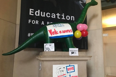 The MIT Vote-a-saurus in Lobby 7 helped encourage students to register to vote. 
