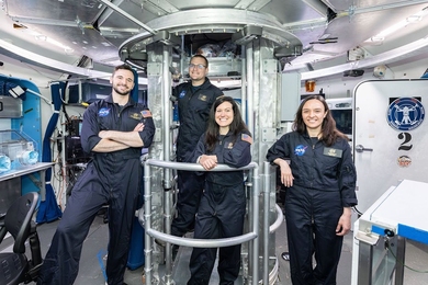 The crew of HERA Campaign 5, Mission 2: (l-r) Barret Schlegelmilch SM ’18, MBA ’18, Christian Clark, Julie Mason, and Ana Mosquera. 