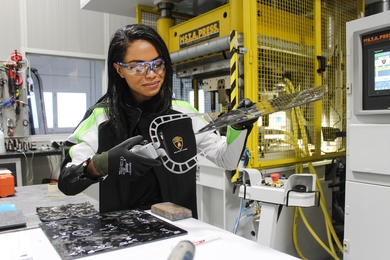 MIT and Lamborghini recently filed a joint patent for a material that will serve as the technological base for a new generation of supercapacitors. Here, Patricia Das ’17, who interned at Automobili Lamborghini through MIT-Italy, is seen at work at Lamborghini Santa Agata Bolognese Labs. 