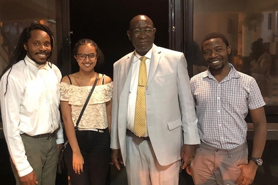 Left to right: chief innovation officer for the newly created Directorate of Science, Technology and Innovation in Sierra Leone and alumnus David Sengeh PhD '15, EECS student Michal Reda, Minister of Tertiary and Higher Education of Sierra Leone Aiah Gbakima, and MISTI-Africa participant and physics and mechanical engineering alumnus Mgcini "Keith" Phuthi ’19. 