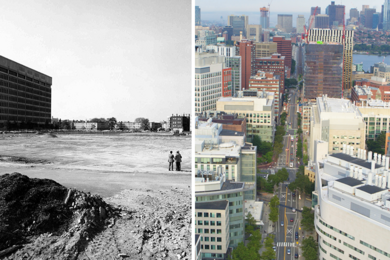 "From Controversy to Cure: Inside the Cambridge Biotech Boom" documents how science, engineering, politics, the space race, and urban renewal transformed a desolate Kendall Square into the biotechnology hub we recognize today. At left is the undeveloped plot that is now home to Draper Laboratory, as seen from what is now Galileo Way, looking west, with 400 Technology Square at far left.