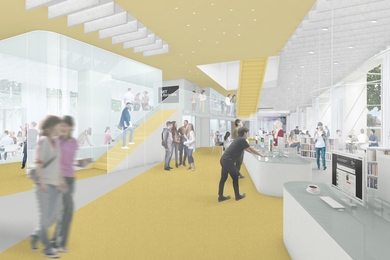 A conceptual rendering for MIT's Hayden Library shows a new stair that leads to the mezzanine level and the second-floor reading room. Study rooms, computer stations, and flexible furniture configurations all benefit from views to the Charles River and Boston skyline through Hayden’s double-height windows. 