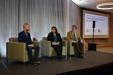 A panel discussion featured Mariette DiChristina, dean of Boston University's College of Communication (center), and Charles Seife, professor of journalism at New York University, (right), and was moderated by Gideon Lichfield, editor-in-chief of MIT Technology Review (left).
