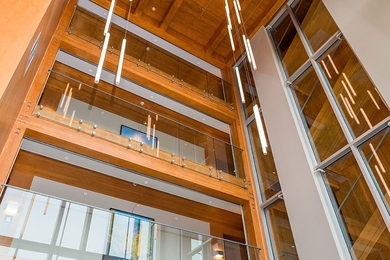 A 70-unit British Columbia lakeside resort hotel was built with local engineered wood products, including cross-laminated timber. New research explores the potential environmental and economic impact in the United States of substituting lumber for energy-intensive building products such as cement and steel.
