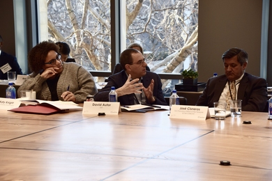 Katy Knight (left) of the Siegel Family Endowment and José Cisneros (right), elected treasurer for the City and County of San Francisco, listen as MIT professor and Work of the Future Initiative co-chair David Autor provides feedback on how to design an effective evaluation of a labor force development program.