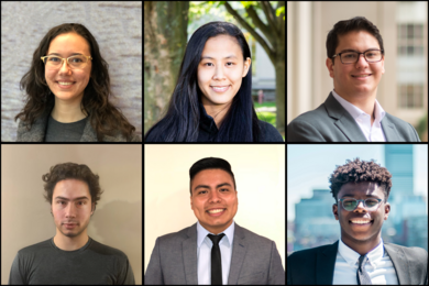 Students participating in MIT Quest for Intelligence-funded UROP projects include: (clockwise from top left) Nicole Thumma, Joanne Yuan, Julian Viera, Andrei Dumitrescu, Pablo Alejo-Aguirre, and Dolapo Adedokun.