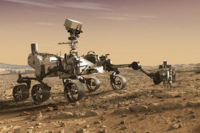This artist's rendition depicts NASA's Mars 2020 rover studying rocks with its robotic arm.