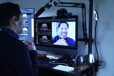 From his home, Abel Sanchez leads the live virtual delivery of Digital Transformation offered by MIT Professional Education. The program included 30 professionals, each also participating from home.