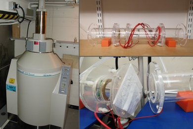 Clockwise from left: Gammacell irradiator in which N95 mask was tested; sodium chloride aerosol apparatus, built by Enze Tian for testing N95 mask filtration efficiency; section of an irradiated N95 mask being loaded into the testing apparatus.