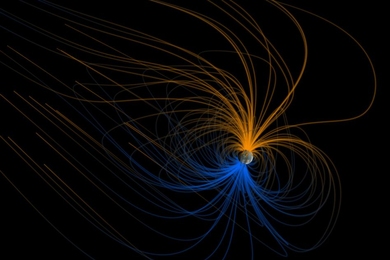 This visualization shows the magnetic field around Earth, or the magnetosphere. Earth’s magnetic field origins are still a mystery, a new MIT study finds.