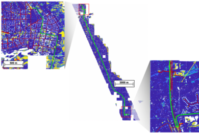 In this lidar map, AI algorithms have identified roads (red). By pairing this map with OpenStreetMaps, users can plan routes around roads that are deemed impassable and can do so at the scale of an entire sortie, which here covers about 400 square miles. 