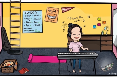 Margaret Zheng's Tunnel66 room. "It's a preservation of some of my favorite memories as a first-year student at MIT — jamming on musical instruments, hanging out with friends, putting sticky notes all over the walls of my dorm room, painting murals, and working out."