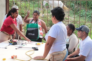 MIT D-Lab collaborates with artisanal and small-scale gold miners in Colombia. The program has pivoted to assess the impact of Covid-19 on the community and provide virtual workshops to address identified needs. Pictured is a D-Lab Creative Capacity Building Training of Trainers in Santa Rita, Colombia in January 2020. 