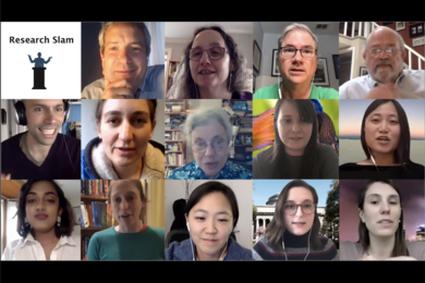 2020 Research Slam participants, hosts, and judges: (left to right, top to bottom) Joe McGonegal, Vivian Siegel, Holden Thorp, Bob Prior, Ari Daniel PhD ’08, Hanna Starobinets ’09, Suzanne Epstein PhD '79, Amy Norovich '08, Helen Hou '10, Maya Jay '18, Lori Huberman '07, Juhyun Oh '09, Alissandra Hillis '18, and Allegra Hawkins '14.