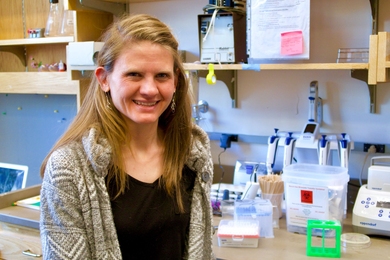 Assistant Professor Seychelle Vos uses cryogenic electron microscopy, X-ray crystallography, biochemistry, and genetics to study how DNA and its associated proteins are organized inside the cell.