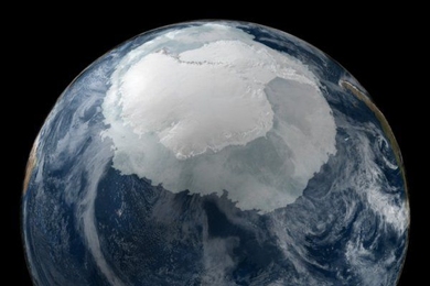 MIT scientists suggest sea ice extent in the Southern Ocean may increase with glacial melting in Antarctica. This image shows a view of the Earth on Sept. 21, 2005 with the full Antarctic region visible. 